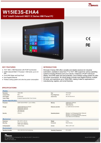 15.6" Intel&reg; Celeron&reg; N6211 E Series HMI Panel PC W15IE3S-EHA4