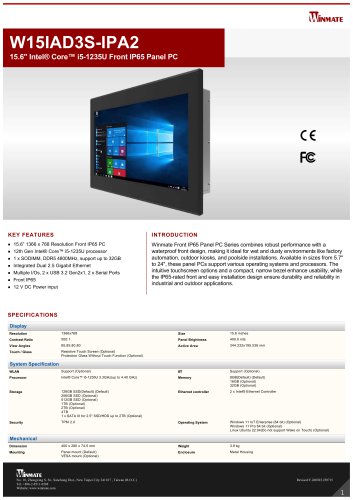15.6" Intel&reg; Core&trade; i5-1235U Front IP65 Panel PC W15IAD3S-IPA2