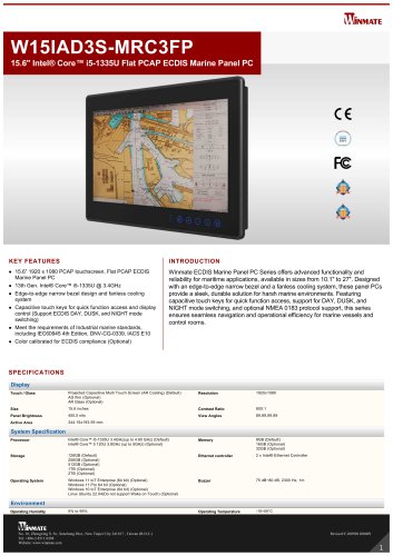 15.6" Intel&reg; Core&trade; i5-1335U Flat PCAP ECDIS Marine Panel PC W15IAD3S-MRC3FP