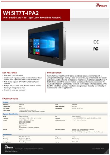 15.6" Intel&reg; Core&trade; i5 (Tiger Lake) Front IP65 Panel PC W15IT7T-IPA2