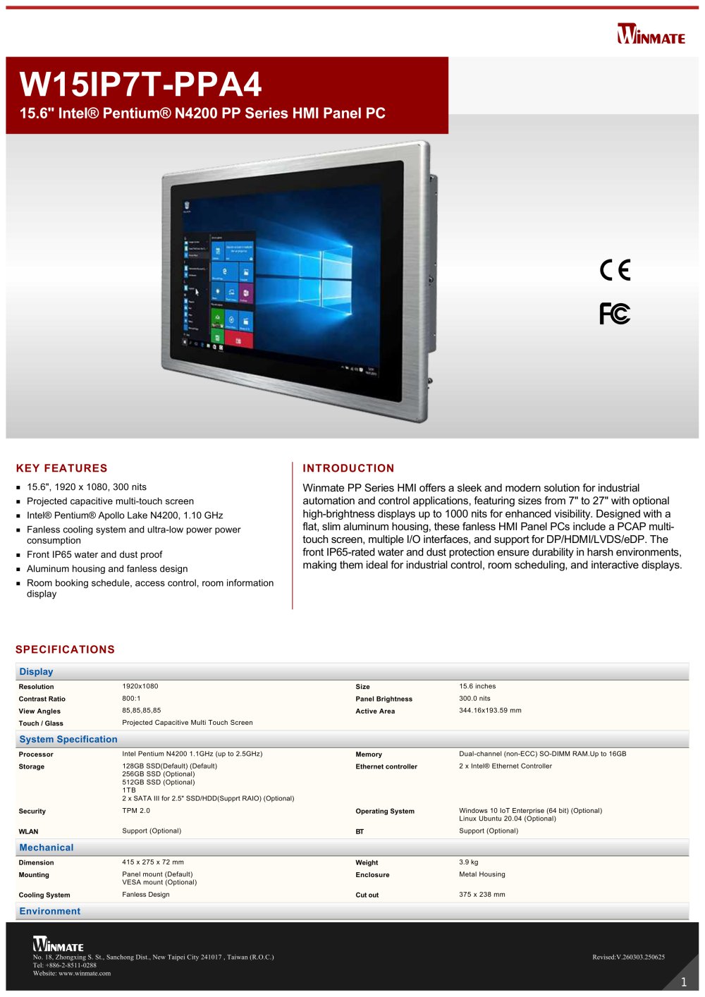 15.6" Intel&reg; Pentium&reg; N4200 PP Series HMI Panel PC W15IP7T-PPA4 - Winmate, Inc.