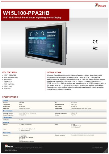 15.6" Multi-Touch Panel Mount High Brightness Display W15L100-PPA2HB