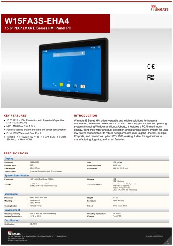 15.6" NXP i.MX6 E Series HMI Panel PC W15FA3S-EHA4