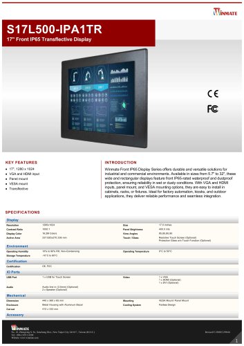 17" Front IP65 Transflective Display S17L500-IPA1TR 