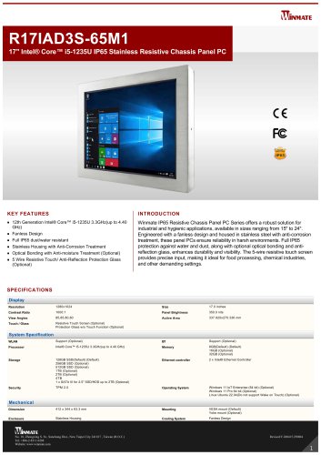 17" Intel&reg; Core&trade; i5-1235U IP65 Stainless Resistive Chassis Panel PC R17IAD3S-65M1