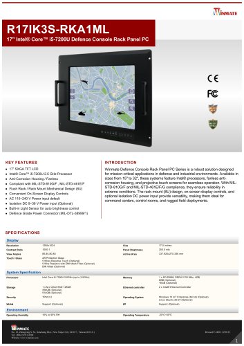 17" Intel&reg; Core&trade; i5-7200U Defence Console Rack Panel PC R17IK3S-RKA1ML