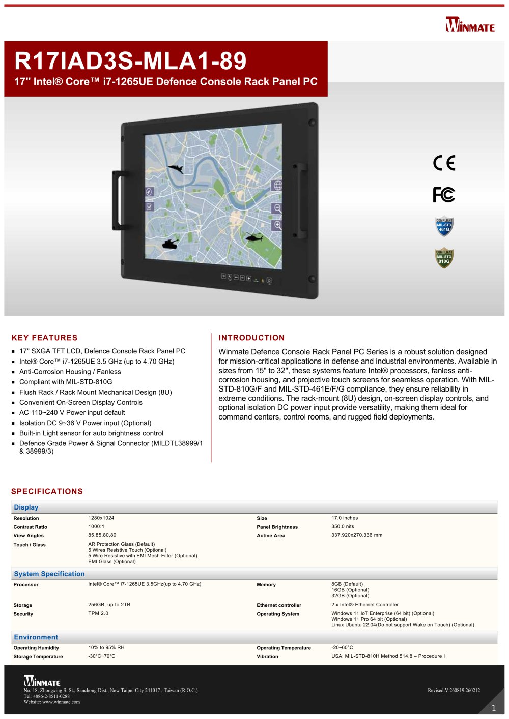 17" Intel&reg; Core&trade; i7-1265UE Defence Console Rack Panel PC R17IAD3S-MLA1-89 - Winmate, Inc.