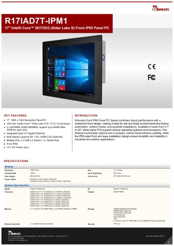 17" Intel&reg; Core&trade; i9/i7/i5/i3 (Alder Lake S) Front IP65 Panel PC R17IAD7T-IPM1