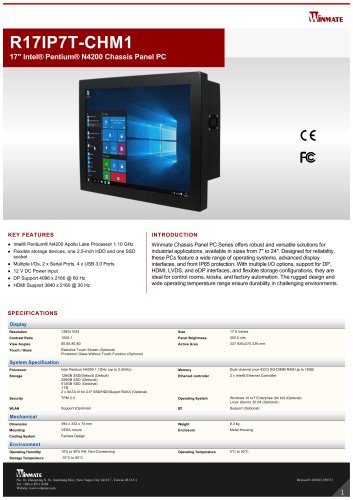 17" Intel&reg; Pentium&reg; N4200 Chassis Panel PC R17IP7T-CHM1