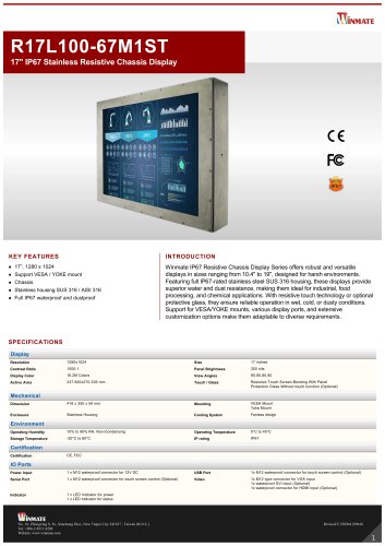 17" IP67 Stainless Resistive Chassis Display R17L100-67M1ST