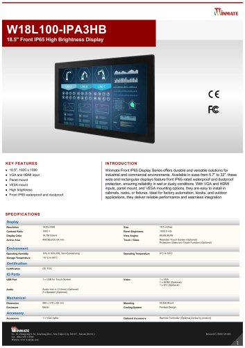 18.5" Front IP65 High Brightness Display  W18L100-IPA3HB