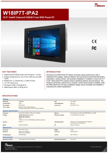 18.5" Intel&reg; Celeron&reg; N2930 Front IP65 Panel PC W18IP7T-IPA2