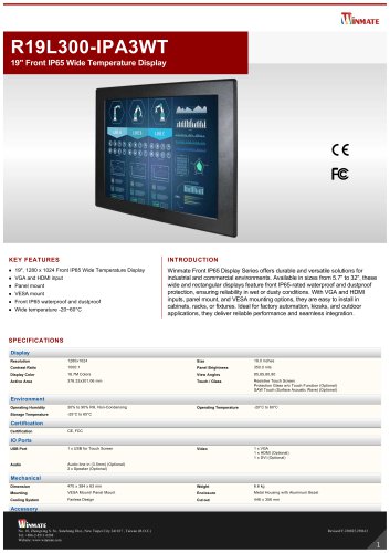 19" Front IP65 Wide Temperature Display  R19L300-IPA3WT 