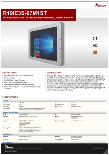 19" Intel Atom&reg; x6413E IP67 Stainless Resistive Chassis Panel PC R19IE3S-67M1ST