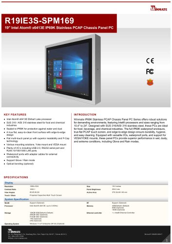 19" Intel Atom&reg; x6413E IP69K Stainless PCAP Chassis Panel PC R19IE3S-SPM169