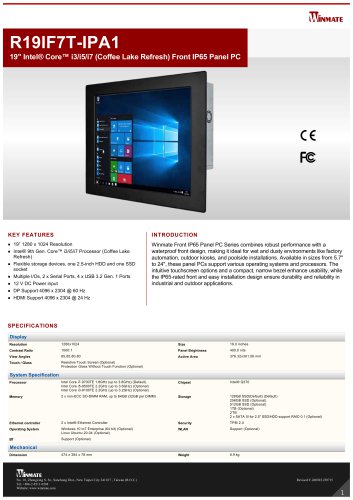 19" Intel&reg; Core&trade; i3/i5/i7 (Coffee Lake Refresh) Front IP65 Panel PC R19IF7T-IPA1