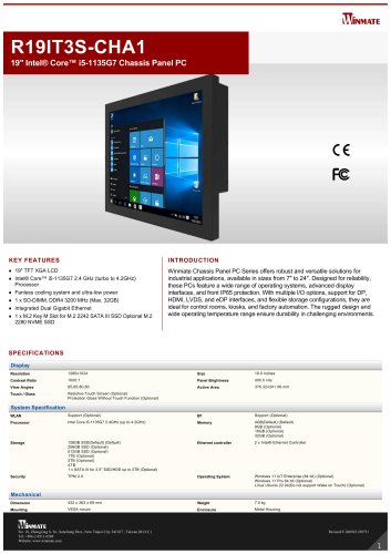 19" Intel&reg; Core&trade; i5-1135G7 Chassis Panel PC R19IT3S-CHA1