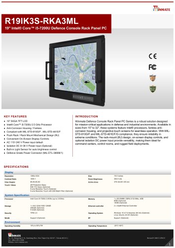 19" Intel&reg; Core&trade; i5-7200U Defence Console Rack Panel PC R19IK3S-RKA3ML