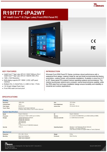 19" Intel&reg; Core&trade; i5 (Tiger Lake) Front IP65 Panel PC R19IT7T-IPA2WT