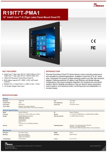 19&rdquo; Intel&reg; Core&trade; i5 (Tiger Lake) Panel Mount Panel PC R19IT7T-PMA1