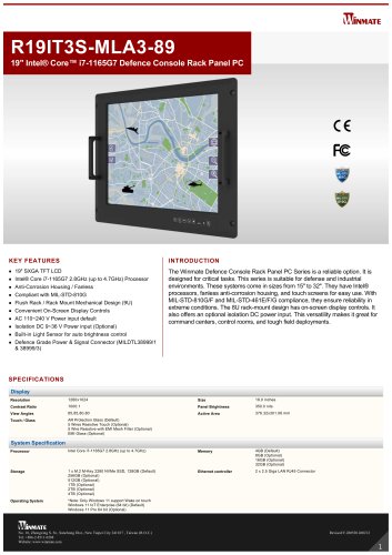 19" Intel&reg; Core&trade; i7-1165G7 Defence Console Rack Panel PC R19IT3S-MLA3-89