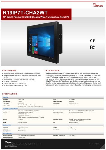 19" Intel&reg; Pentium&reg; N4200 Chassis Wide Temperature Panel PC R19IP7T-CHA2WT