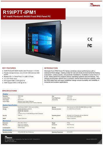 19" Intel&reg; Pentium&reg; N4200 Front IP65 Panel PC R19IP7T-IPM1