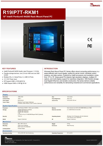 19" Intel&reg; Pentium&reg; N4200 Rack Mount Panel PC R19IP7T-RKM1