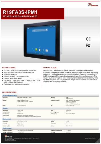 19" NXP i.MX6 Front IP65 Panel PC R19FA3S-IPM1