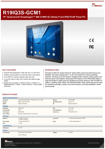 19" Qualcomm&reg; Snapdragon&trade; 660 G-WIN GC-Series Front IP65 PCAP Panel PC  R19IQ3S-GCM1