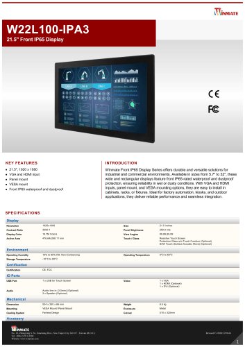 21.5" Front IP65 Display  W22L100-IPA3 