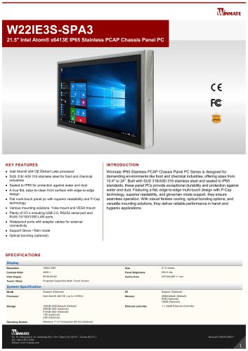 21.5" Intel Atom&reg; x6413E IP65 Stainless PCAP Chassis Panel PC W22IE3S-SPA3