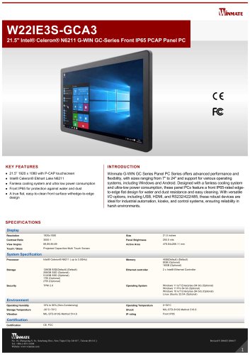 21.5" Intel&reg; Celeron&reg; N6211 G-WIN GC-Series Front IP65 PCAP Panel PC W22IE3S-GCA3
