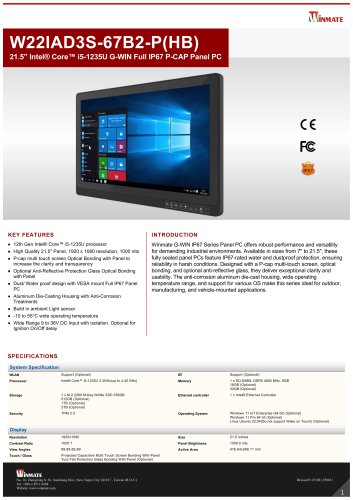 21.5&rdquo; Intel&reg; Core&trade; i5-1235U G-WIN Full IP67 P-CAP Panel PC W22IAD3S-67B2-P(HB)