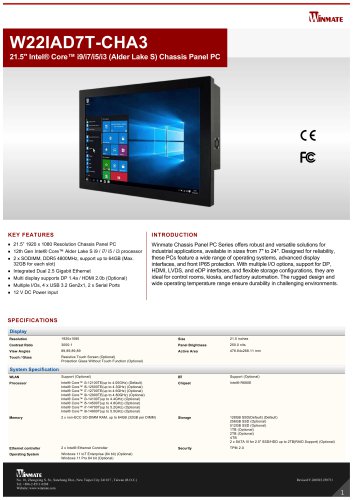 21.5" Intel&reg; Core&trade; i9/i7/i5/i3 (Alder Lake S) Chassis Panel PC W22IAD7T-CHA3