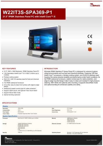 21.5" IP69K Stainless Panel PC with Intel&reg; Core&trade; i5 W22IT3S-SPA369-P1