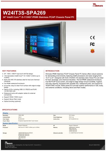 24" Intel&reg; Core&trade; i5-1135G7 IP69K Stainless PCAP Chassis Panel PC W24IT3S-SPA269