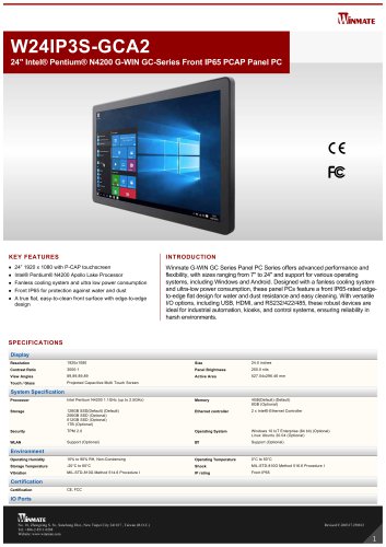 24" Intel&reg; Pentium&reg; N4200 G-WIN GC-Series Front IP65 PCAP Panel PC W24IP3S-GCA2