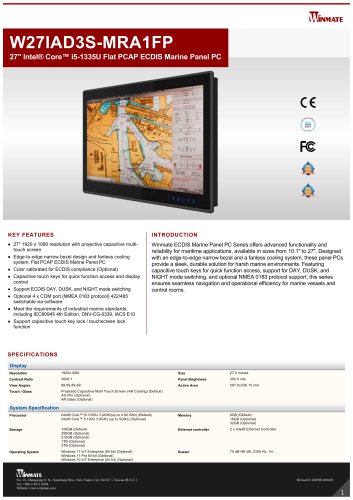 27" Intel&reg; Core&trade; i5-1335U Flat PCAP ECDIS Marine Panel PC W27IAD3S-MRA1FP