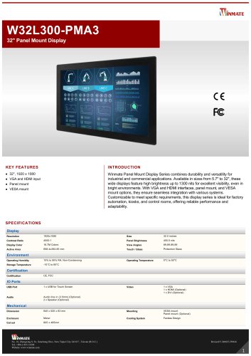 32" Panel Mount Display W32L300-PMA3