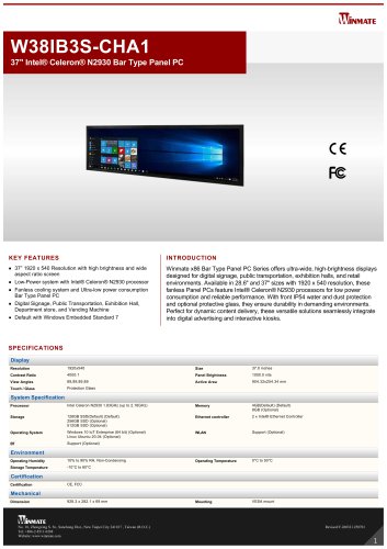 37" Intel&reg; Celeron&reg; N2930 Bar Type Panel PC W38IB3S-CHA1