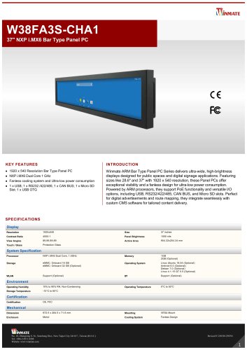 37" NXP i.MX6 Bar Type Panel PC W38FA3S-CHA1