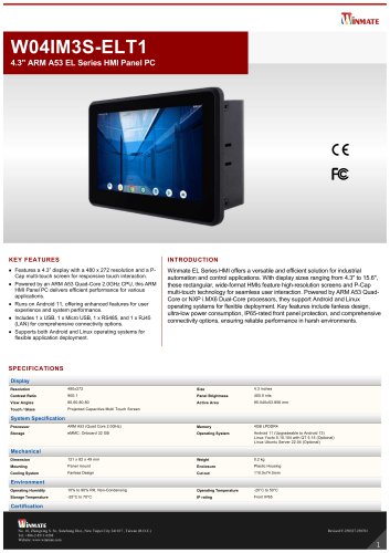 4.3" ARM A53 EL Series HMI Panel PC W04IM3S-ELT1