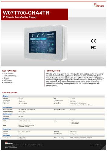 7" Chassis Transflective Display W07T700-CHA4TR