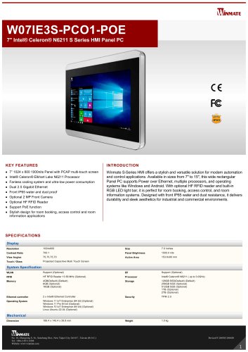 7" Intel&reg; Celeron&reg; N6211 S Series HMI Panel PC W07IE3S-PCO1-POE