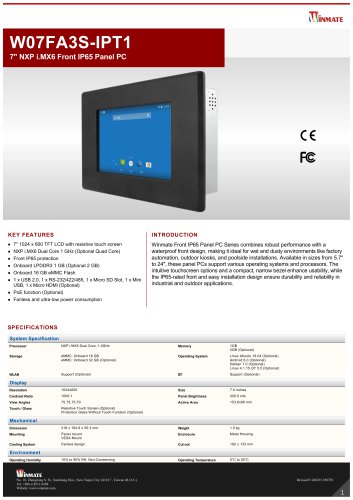 7" NXP i.MX6 Front IP65 Panel PC W07FA3S-IPT1