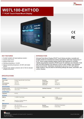 7" PCAP Touch Panel Mount Display W07L100-EHT1OD