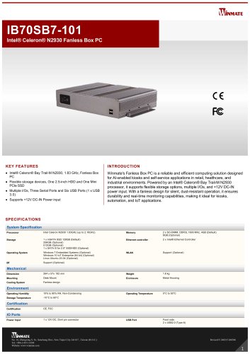 Intel&reg; Celeron&reg; N2930 Fanless Box PC IB70SB7-101