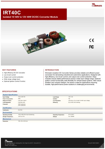 Isolated 10~60V to 12V 40W DC/DC Converter Module IRT40C