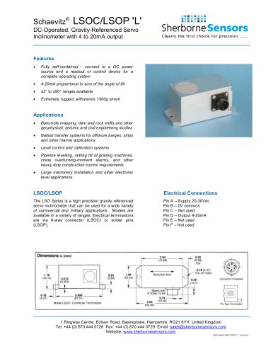 Sherborne Sensors LSOC/LSOP 'L' Series DC-Operated, Gravity-Referenced Servo Servo Inclinometer with 4-20mA Output